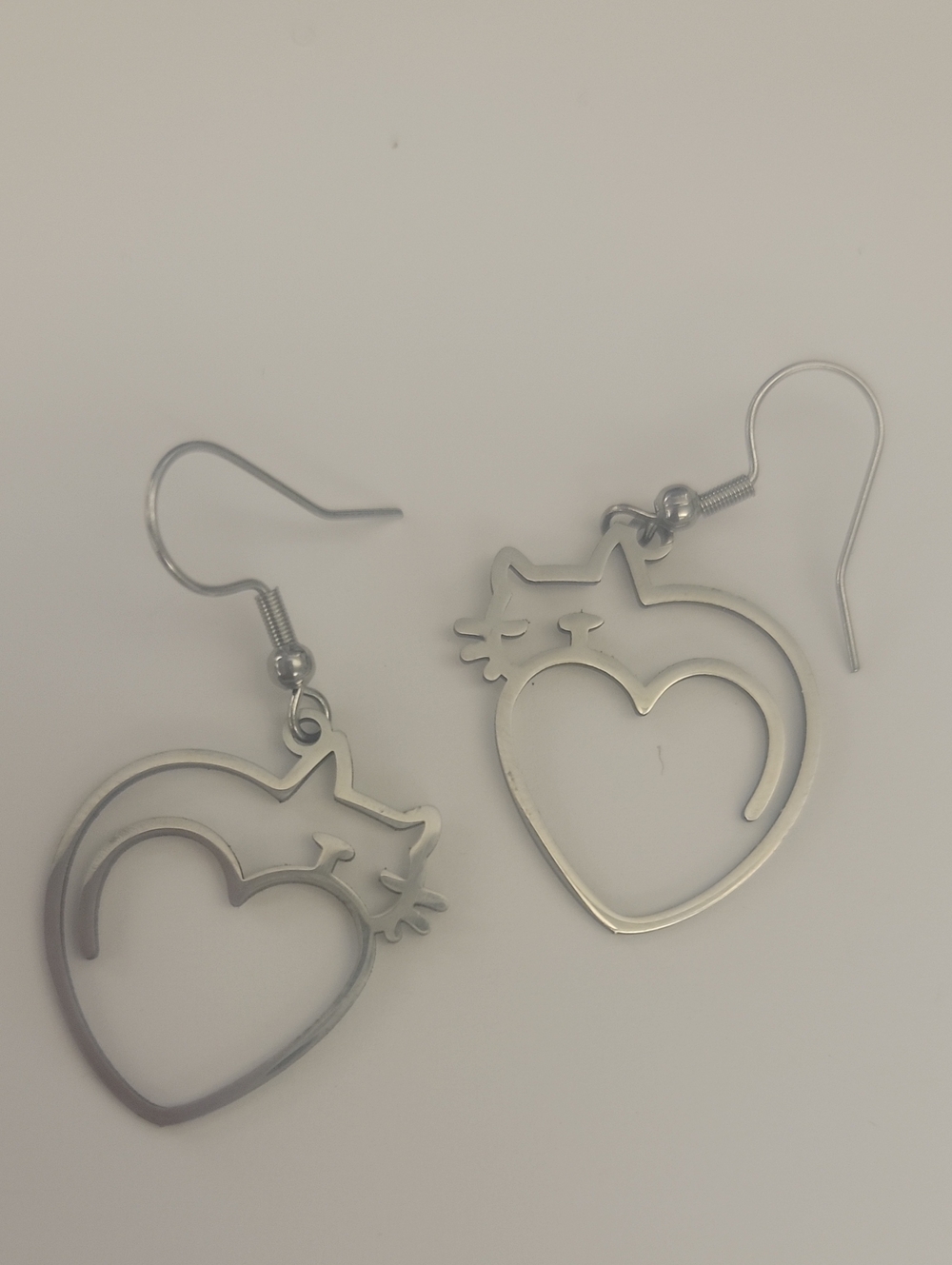 Silver Cat Heart Dangle Earrings
